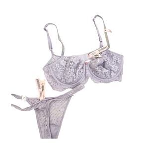 NWT Victoria's Secret Lingerie Purple Lace Diamond Detail Bra 32D Thong Panty XS